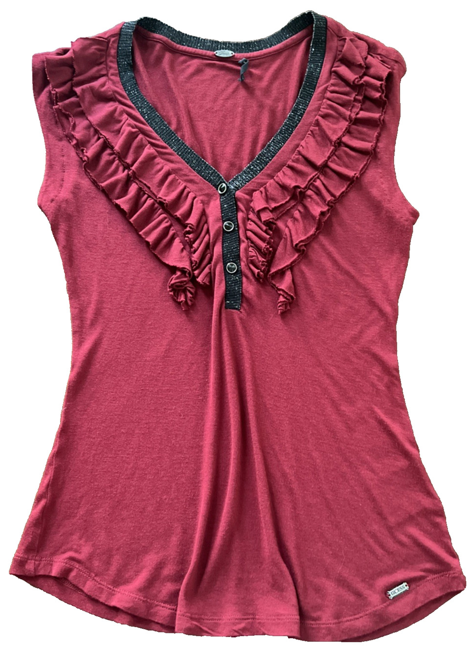 Auth Vintage GUESS Sleeveless Top Women S Burgundy Ruffle Y2K 90s Boho Romantic